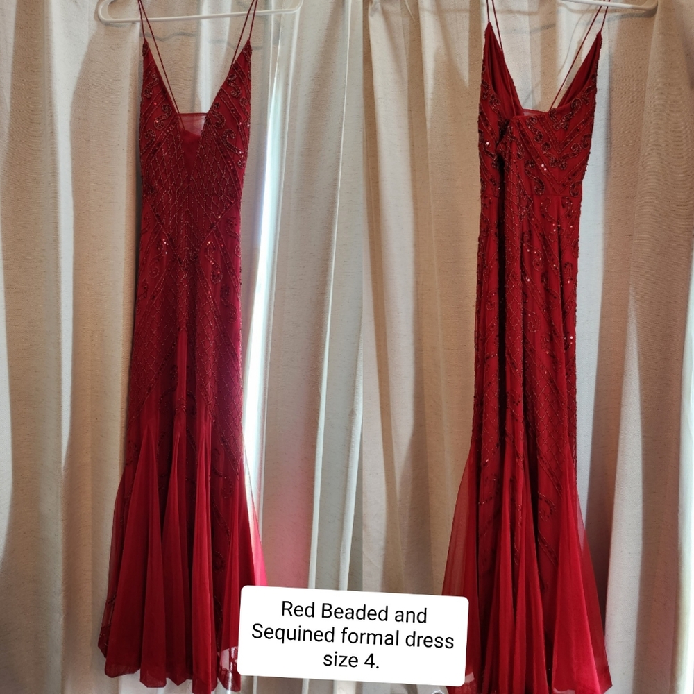 Red beaded and sequined formal dress.